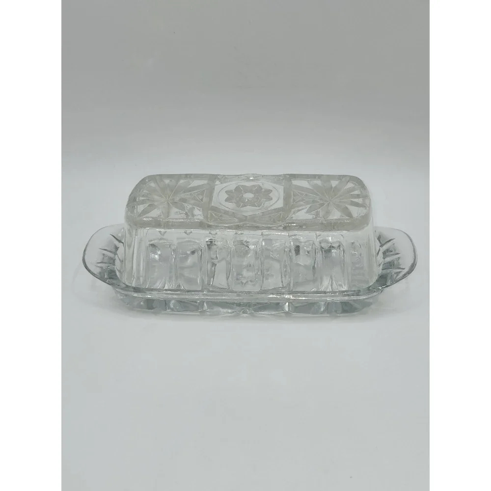 Vintage Pressed Glass Butter Dish With Lid Starburst Pattern Clear‎ Rectangle